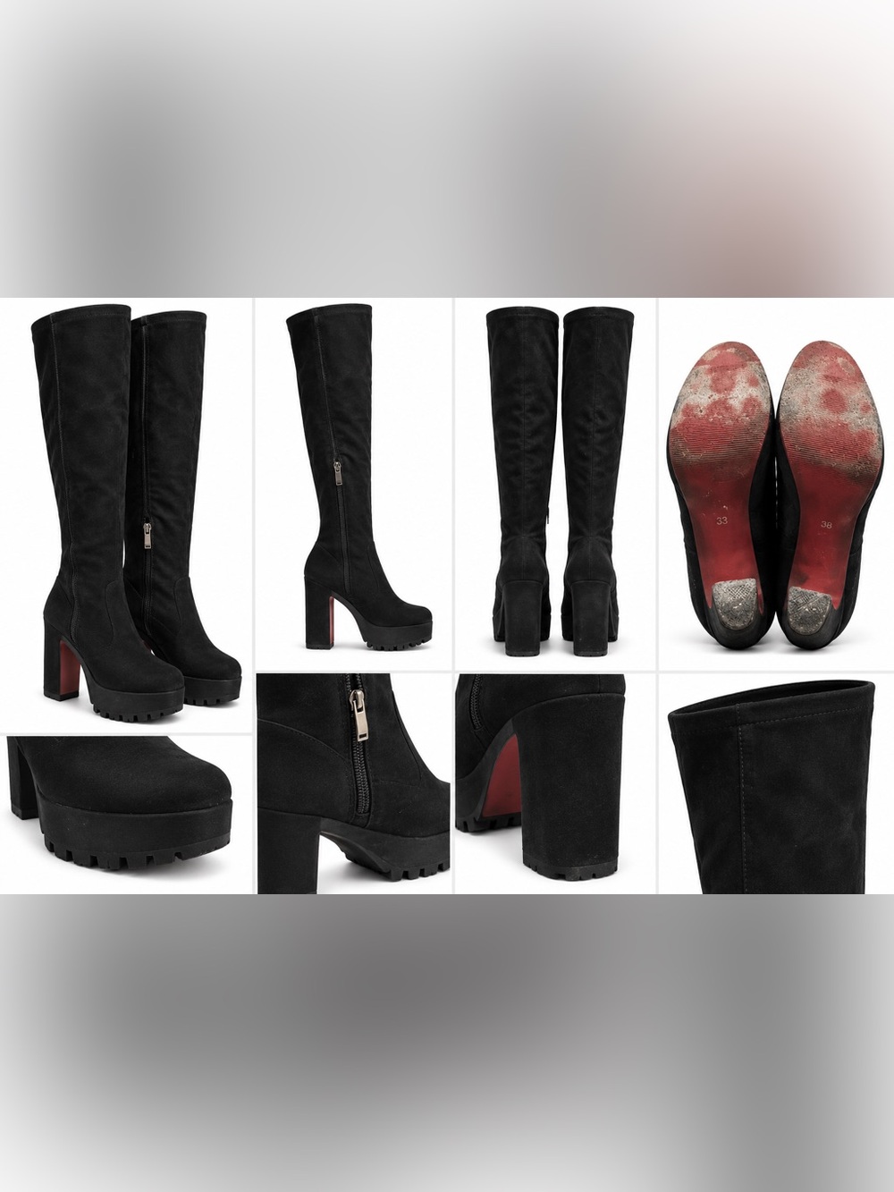 Source Unknown Black Over-the-Knee Platform Suede Boots with Red Sole